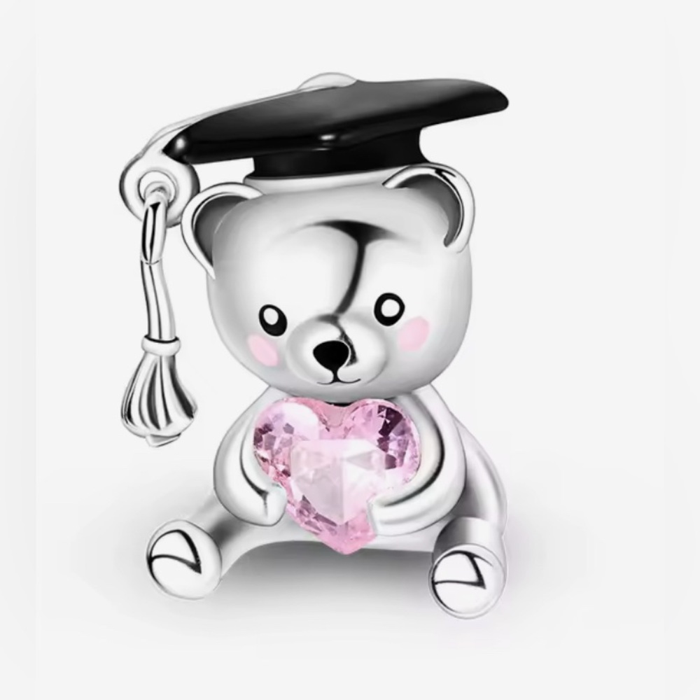 Silver Graduation Teddy Bear Charm with Pink Heart